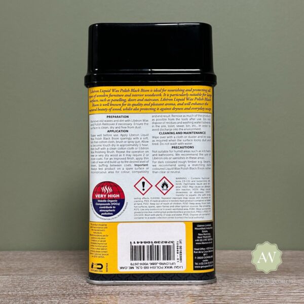 Liberon Liquid Wax Polish Black Bison - Back of tin with label