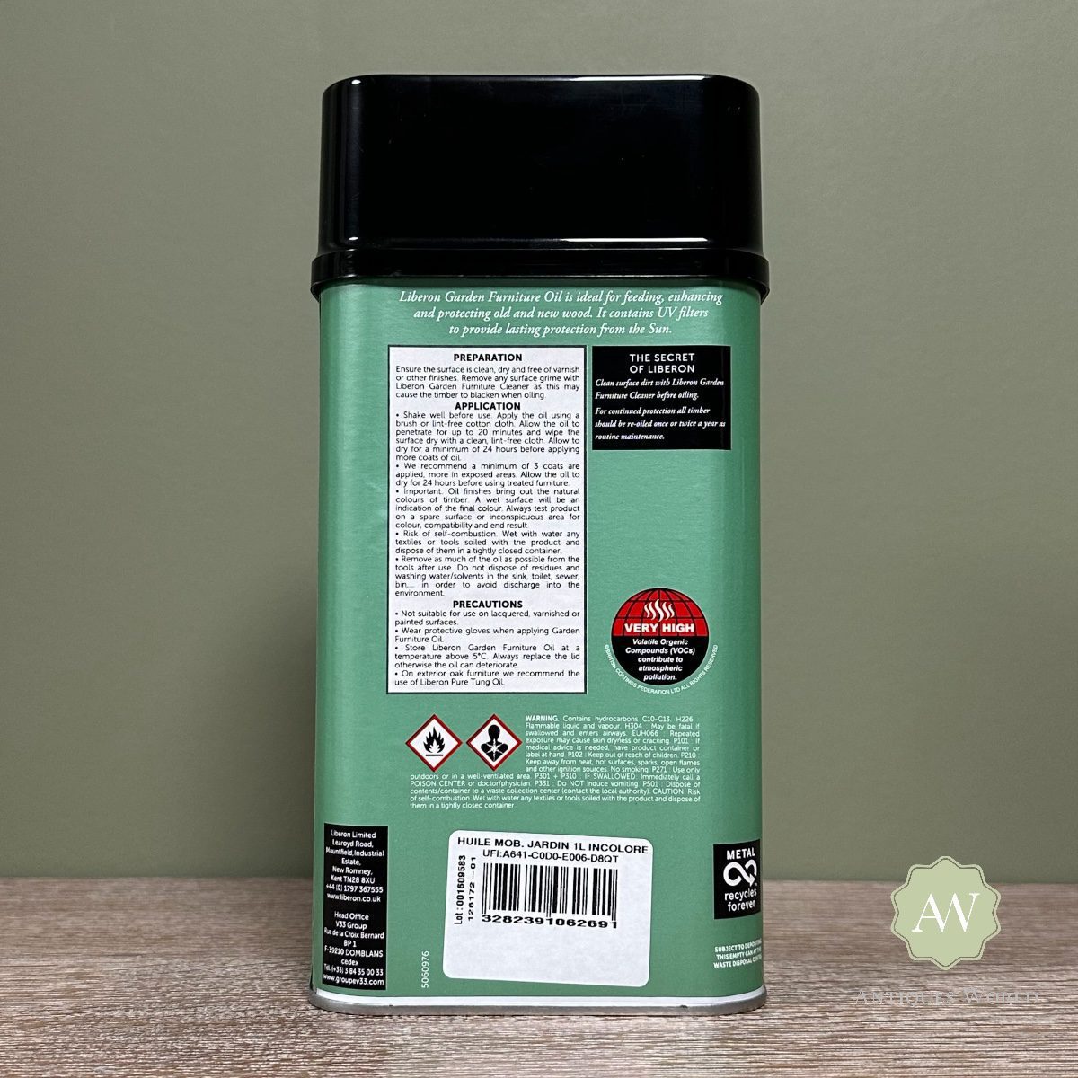 Liberon Garden Furniture Oil - 1 Litre 3 Liberon Garden Furniture Oil back of tin with label