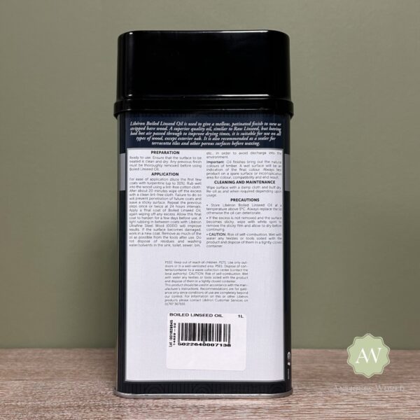 Liberon Boiled Linseed Oil back of tin with label
