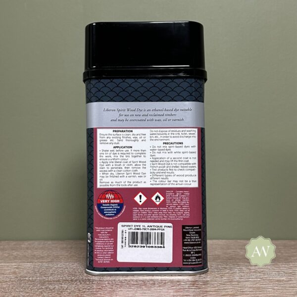 Liberon Spirit Wood Dye back of tin with label