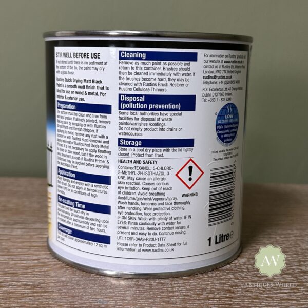 Rustins Matt Black Paint back of tin with label