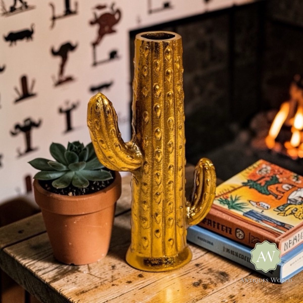 Aluminium Gold Cactus Stem Vase 6 Aluminium Gold Cactus Stem Vase Lifestyle