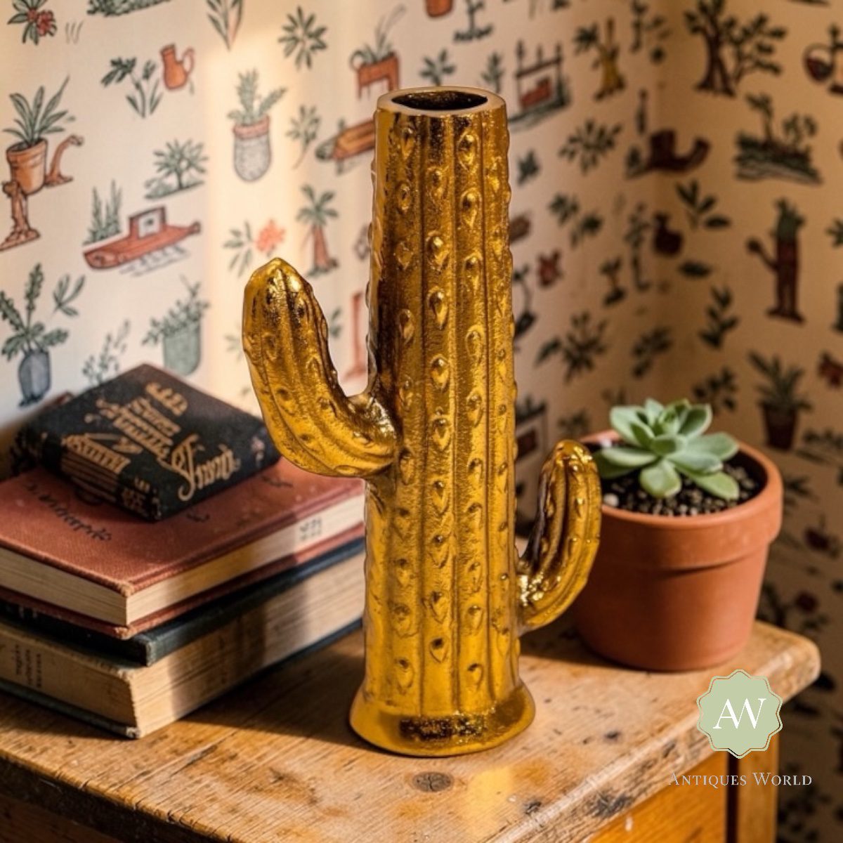 Aluminium Gold Cactus Stem Vase 2 Aluminium Gold Cactus Stem Vase Lifestyle