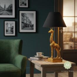 Antique Gold Giraffe Table Lamp with Black Shade
