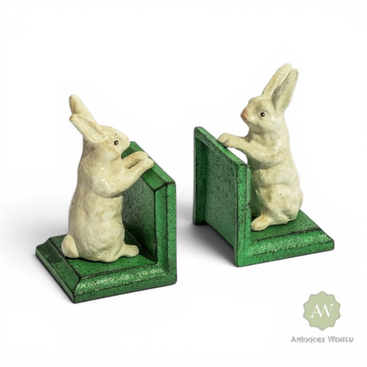 Cast Iron Antiqued White Rabbit Bookends 1 Cast Iron Antiqued White Rabbit Bookends