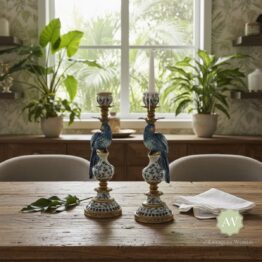 Pair of Antiqued Blue and White Parrot Candle Holders