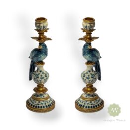 Pair of Antiqued Blue and White Parrot Candle Holders