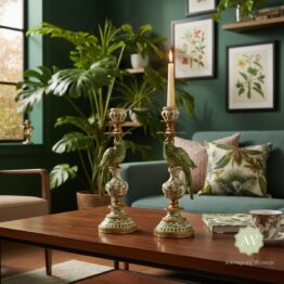 Pair of Antiqued Green & White Parrot Candle Holders
