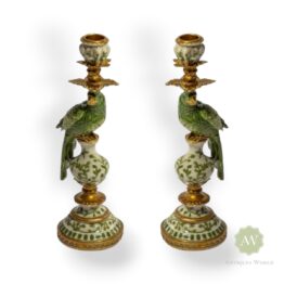 Pair of Antiqued Green & White Parrot Candle Holders