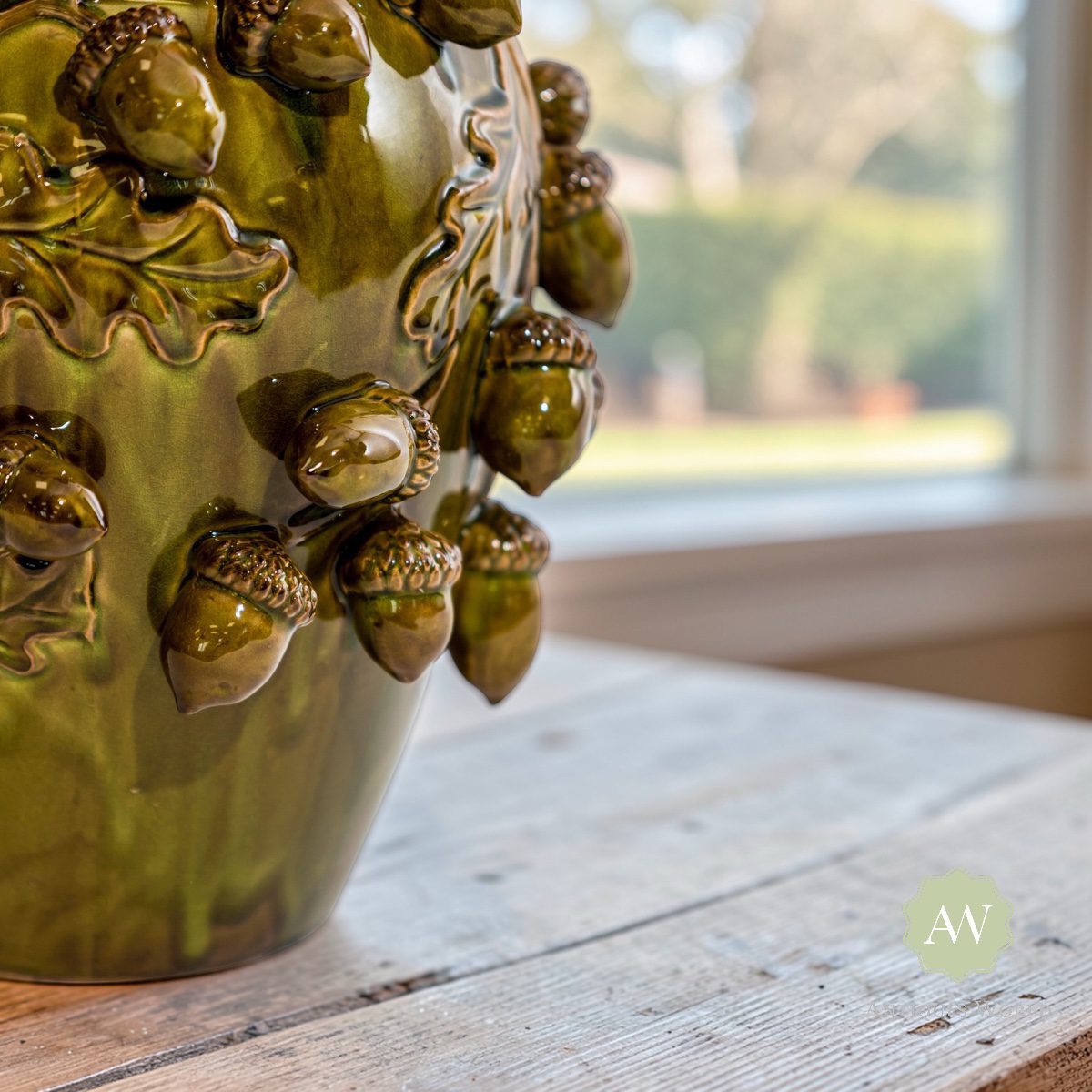 Tall Crackle Oak Green Multi Acorn Ceramic Vase