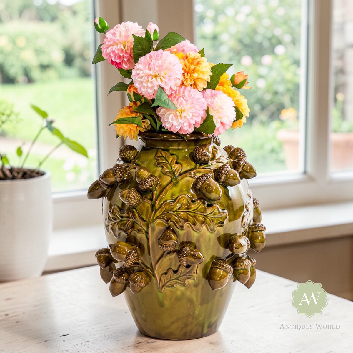 Tall Crackle Oak Green Multi Acorn Ceramic Vase
