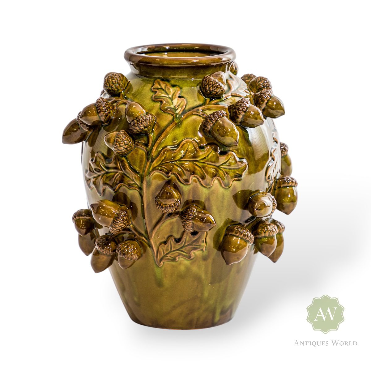 Tall Crackle Oak Green Multi Acorn Ceramic Vase