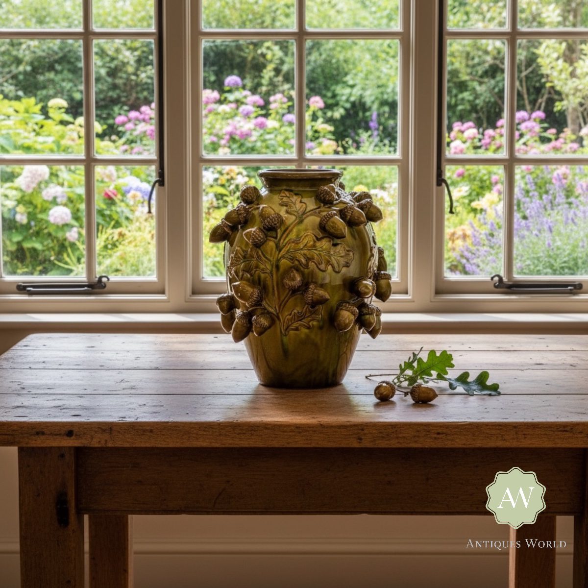 Tall Crackle Oak Green Multi Acorn Ceramic Vase