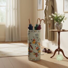 White Ceramic Floral & Tropical Bird Umbrella Stand