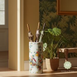 White Ceramic Floral & Tropical Bird Umbrella Stand