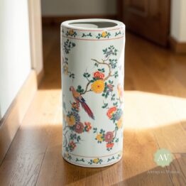 White Ceramic Floral & Tropical Bird Umbrella Stand