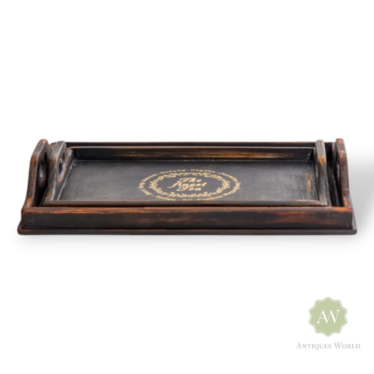 Set of 2 Antiqued Black Wooden Finest Tea Trays 2 Antique Black Wooden Finest Tea Tray