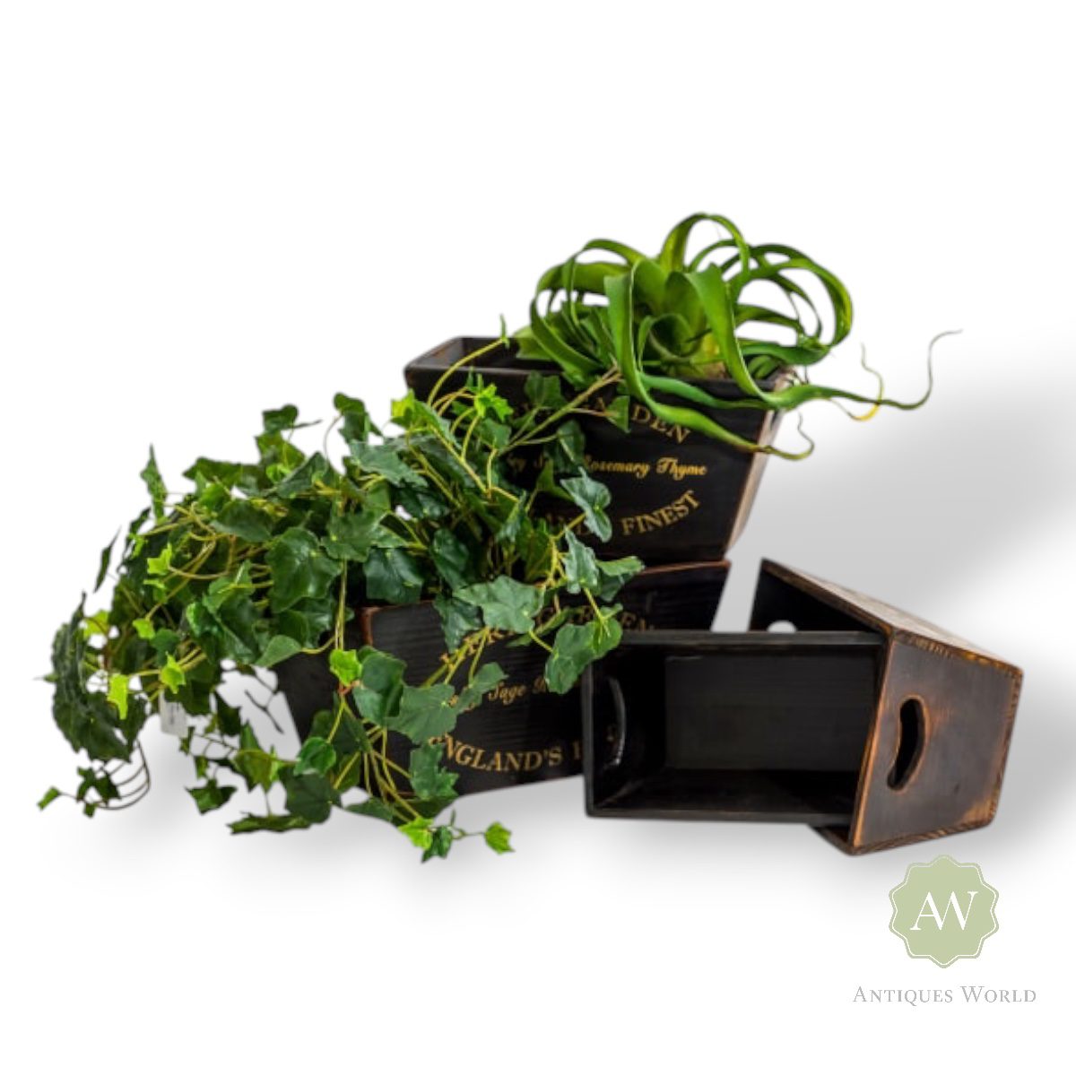 Antiqued Black Wooden Herb Garden Planters 4 Antique Black Wooden Herb Garden Planters