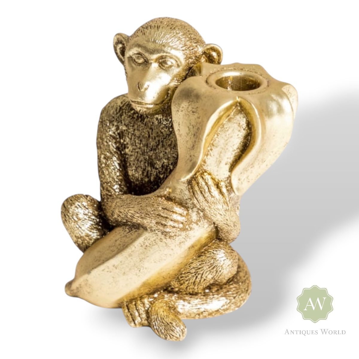 Antiqued Gold Monkey with Banana Candle Holder 1 Antique Gold Monkey with Banana Candle Holder