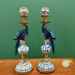 Pair of Antiqued Blue and White Parrot Candle Holders Lifestyle