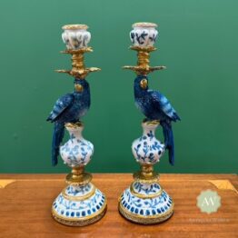 Pair of Antiqued Blue and White Parrot Candle Holders Lifestyle