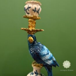 Pair of Antiqued Blue and White Parrot Candle Holders Lifestyle