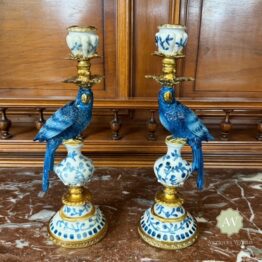 Pair of Antiqued Blue and White Parrot Candle Holders Lifestyle