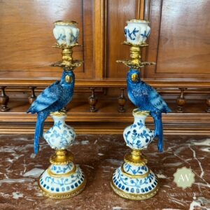 Pair of Antiqued Blue and White Parrot Candle Holders Lifestyle