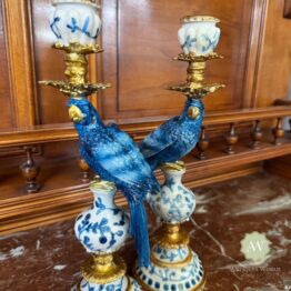 Pair of Antiqued Blue and White Parrot Candle Holders Lifestyle