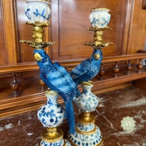Pair of Antiqued Blue and White Parrot Candle Holders Lifestyle