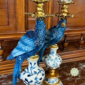 Pair of Antiqued Blue and White Parrot Candle Holders Lifestyle