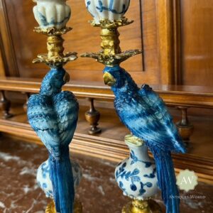 Pair of Antiqued Blue and White Parrot Candle Holders Lifestyle