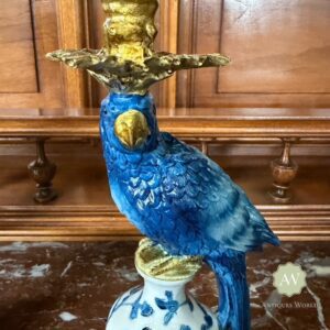Pair of Antiqued Blue and White Parrot Candle Holders Lifestyle